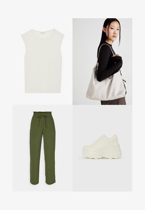 Bela brezrokavnica s okroglim izrezom. Narejena iz gladkega materiala, ima sproščen kroj in minimalističen dizajn. Brez vzorcev ali okrasnih elementov.; VILA VITIFF STRAIGHT PANT - Hlače - kalamata; Bele platformske tene z belim zgornjim delom, ki spominja na usnje, okroglo obliko, oblazinjen ovratnik ter gumo z teksturo na podplatu z izrazitimi profili.; Bežna torbica iz mehkega materiala, z ohlapno zasnovo, šivi in dvema naramnicama. Primerna za vsakodnevno uporabo.