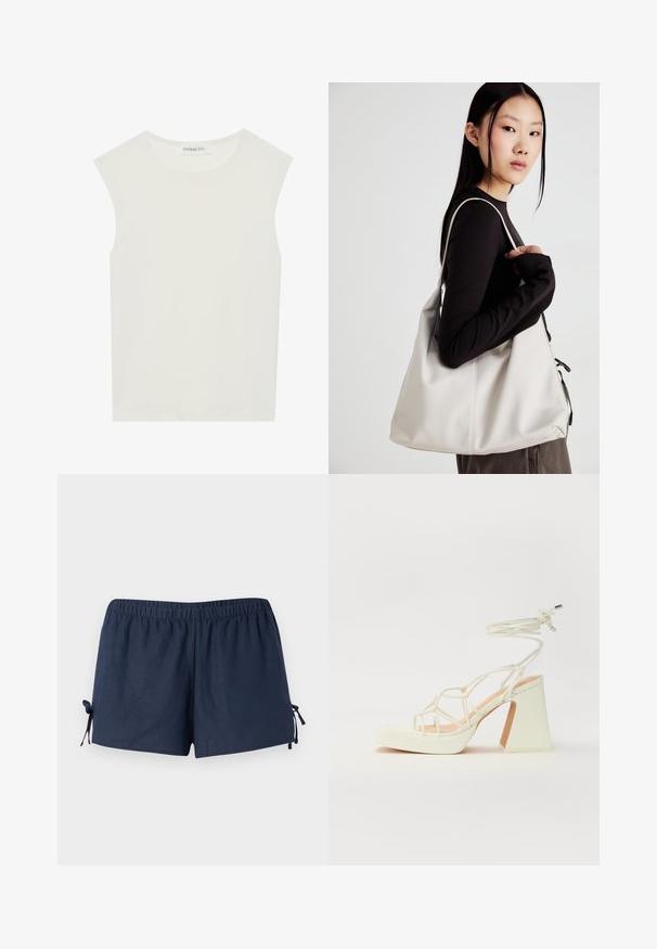 Hvit ermeløs topp med rund hals. Laget av glatt stoff, har den en avslappet passform og minimalistisk design. Ingen mønstre eller detaljer.; Marineblå shorts med elastisk midje og justerbare bånd på sidene. Tøyet ser glatt ut med en svak glans. Løs passform, over kneet.; Hvit høyhælte sandal med kraftig hæl, med en stroppe-design og ankelbånd. Glatt tekstur med plattform foran for ekstra høyde.; Beige håndveske laget av mykt materiale, med en slapp design, sydd detaljer og to skulderstropper. Passer for daglig bruk.
