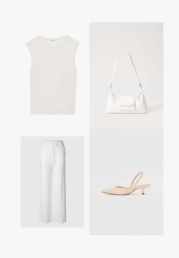 Hvit ermeløs topp med rund hals. Laget av glatt stoff, har den en avslappet passform og minimalistisk design. Ingen mønstre eller detaljer.; Hvite vide bukser laget av lettvektig stoff, med elastisk liv med snøring og en glatt tekstur.; Beige patenterte lærremmer med spiss tå og slank, firkantet hæl. Glatt tekstur og minimalistisk design uten dekorasjoner.; Hvit syntetisk håndveske med trekantet form, flat klaff foran og sløyfe detaljer, justerbar stropp, glatt tekstur og minimalistisk design.