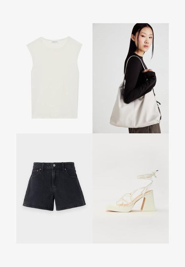 Top blanco sin mangas con escote redondo. Hecho de una tela suave, presenta un corte relajado y un diseño minimalista. Sin patrones ni acentos.; Pantalones cortos de mezclilla negra con un corte clásico, cinco bolsillos, cierre de botón metálico y costuras a tono. La tela tiene un acabado ligeramente texturizado.; Sandalia de tacón alto blanca con un tacón grueso, que presenta un diseño de tiras y un lazo en el tobillo. Textura suave con una plataforma en la parte delantera para mayor altura.; Bolso de mano beige hecho de material suave, con un diseño holgado, detalles cosidos y dos asas. Adecuado para uso diario.