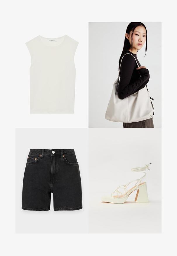 Vit ärmlös topp med rund halsringning. Tillverkad av ett mjukt tyg, har den en avslappnad passform och minimalistisk design. Inga mönster eller detaljer.; Svarta jeansshorts med hög midja, med kopparknappar och femficksdesign. Slät yta, rak skärning och uppvikta fållar.; Vit högklackad sandal med en kraftig klack, med ett remdesign och ankelband. Slät textur med en plattform framtill för ökad höjd.; Beige handväska tillverkad av mjukt material, med en avslappnad design, sydda detaljer och två axelremmar. Lämplig för dagligt bruk.