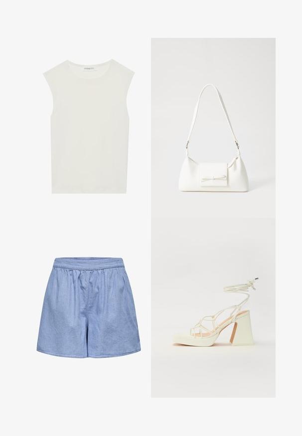 Biely bezrukávový top s okrúhlym výstrihom. Vyrobený z hladkého materiálu, má uvoľnený strih a minimalistický dizajn. Žiadne vzory alebo akcenty.; Modré šortky z chambray s elastickým pásom, voľným strihom a hladkou textúrou; lemované okraje a naťahované detaily v páse.; Biele sandále na vysokom opätku s hrubým podpätkom, s pruhovaným dizajnom a viazaním na členku. Hladký povrch s platformou vpredu pre zvýšenú výšku.; Biela syntetická kabelka s trojuholníkovým tvarom, plochým predným klapkou a detailom mašle, nastaviteľným popruhom, hladkou textúrou a minimalistickým dizajnom.
