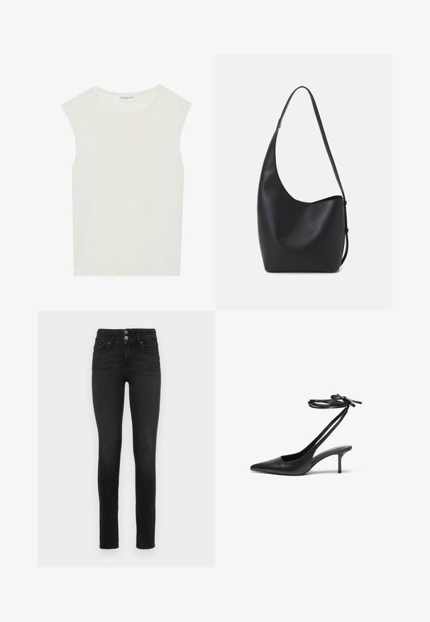 Balts bez piedurknēm tops ar apaļu kakla izgriezumu. Izgatavots no gludas auduma, tam ir brīvs piegriezums un minimālistisks dizains. Nav nekādas rakstainības vai akcentu.; Melnas skinny džinsas, sastāv no denima, ar augstu jostasvietu, ar divām priekšējām kabatām un divu pogu aizdari. Gluda virsma.; Melnas ādas stiletto kurpes ar norādītu purngalu, atvērtu aizmuguri un potītes siksniņām, kas sasietas neglītajā mezglā. Šaurs 3 collu papēdis. Gluda tekstūra, minimālisma dizains.; Melnas ādas hobo soma ar gludu tekstūru, izliekta forma un vienu regulējamu jostu; augšā ir plaša atvere.; Sudraba divu joslu gredzens ar gludu, pulētu virsmu. Iezīmējas ar plūstošu, izliekta dizaina struktūru ar pārklājošām sekcijām modernam izskatam.; Sudraba divu joslu gredzens ar gludu, pulētu virsmu. Iezīmējas ar plūstošu, izliekta dizaina struktūru ar pārklājošām sekcijām modernam izskatam.