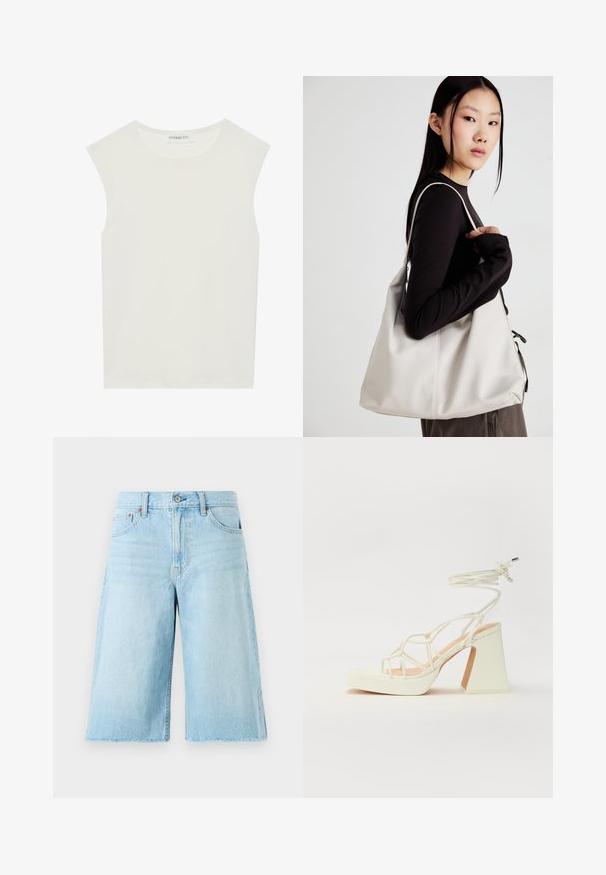 White sleeveless top with a round neckline. Made of smooth fabric, it features a relaxed fit and minimalist design. No patterns or accents.; Light blue denim shorts with a loose fit, frayed hem, five pockets, and metal hardware. Classic jeans design with subtle fading.; White high-heeled sandal with a chunky heel, featuring a strappy design and ankle tie. Smooth texture with a platform front for added height.; Beige handbag made of soft material, featuring a slouchy design, stitched detailing, and two shoulder straps. Suitable for everyday use.