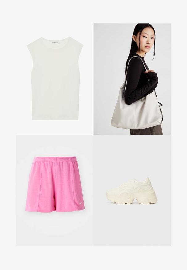 Balta be rankovių palaidinė su apvaliu kaklu. Pagaminta iš lygios medžiagos, ji turi laisvą siluetą ir minimalistinį dizainą. Be raštų ar akcentų.; Rožinės sportinės šortai pagaminti iš minkštos medžiagos, su elastinga juosta ir šoniniu logotipo akcentu. Tiesaus kirpimo dizainas su lygaus paviršiaus tekstūra.; Masyvios baltos sportbačiai, pagaminti iš tekstūruoto tinklelio ir sintetinių medžiagų, pasižymintys storu padu ir išsamiu raštų detalizavimu šonuose.; Bežinė rankinė, pagaminta iš minkštos medžiagos, turinti laisvą dizainą, siuvinėtas detalės ir dvi petnešos. Tinkama kasdieniam naudojimui.