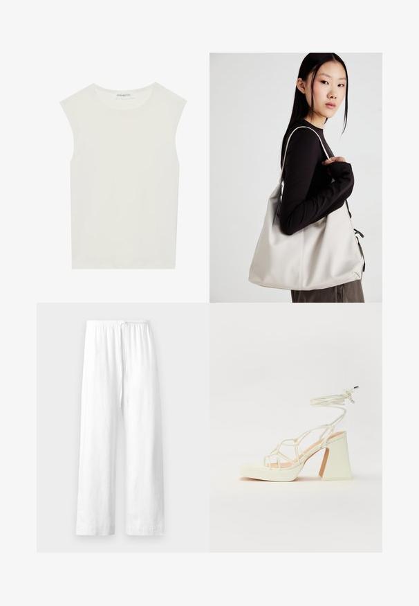 Top alb fără mâneci, cu decolteu rotund. Fabricat dintr-un material neted, prezintă o croială lejeră și un design minimalist. Fără modele sau accente.; Pantaloni albi din in cu o croială lejeră, având un elastic în talie și șnur pentru ajustare, cu picioare drepte și tiv curat.; Sandale albe cu toc înalt și gros, cu un design cu curele și legătură la gleznă. Textură netedă, cu o platformă frontală pentru înălțime suplimentară.; Geantă bej din material moale, cu un design lejer, detalii cusute și două bretele pentru umăr. Potrivită pentru utilizarea zilnică.