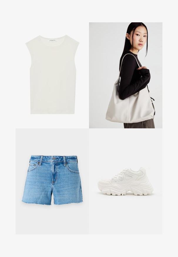 Haut sans manches blanc avec un col rond. Fabriqué en tissu lisse, il présente une coupe décontractée et un design minimaliste. Pas de motifs ni d'accents.; Shorts en denim bleu clair, avec un ourlet brut, un design à cinq poches et une fermeture à bouton en laiton. Texture lisse avec un léger effet délavé.; Baskets blanches épaisses avec un dessus texturé, des panneaux en mesh et des semelles en caoutchouc épaisses avec un motif de semelle prominent. Lacets et tirette inclus.; Sac à main beige en matériau souple, avec un design décontracté, des détails cousus et deux poignées. Idéal pour un usage quotidien.