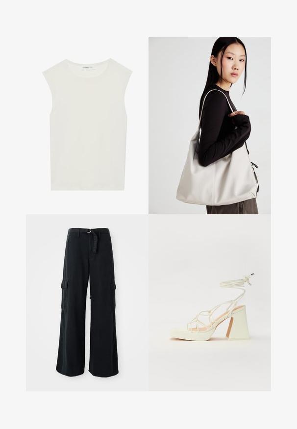 White sleeveless top with a round neckline. Made of smooth fabric, it features a relaxed fit and minimalist design. No patterns or accents.; Black wide-leg cargo pants made of cotton with a tie belt, featuring two side pockets and a smooth fabric texture.; White high-heeled sandal with a chunky heel, featuring a strappy design and ankle tie. Smooth texture with a platform front for added height.; Beige handbag made of soft material, featuring a slouchy design, stitched detailing, and two shoulder straps. Suitable for everyday use.