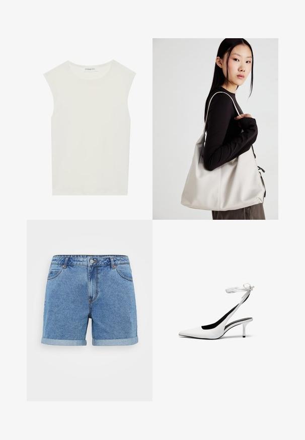 Top bianco senza maniche con scollatura rotonda. Realizzato in tessuto liscio, presenta una vestibilità rilassata e un design minimalista. Nessun motivo o accentuazione.; Shorts in denim azzurro chiaro, con orlo arrotolato, design a cinque tasche, chiusura a bottone e dettagli cuciti. Realizzati in tessuto di cotone.; Tacchi slingback bianchi a punta con cinturino sottile alla caviglia. Materiale in pelle liscia, tacco stiletto sottile e rivestimento interno nero.; Borsa a mano beige realizzata in materiale morbido, caratterizzata da un design morbido, dettagli cuciti e due manici. Adatta per l'uso quotidiano.