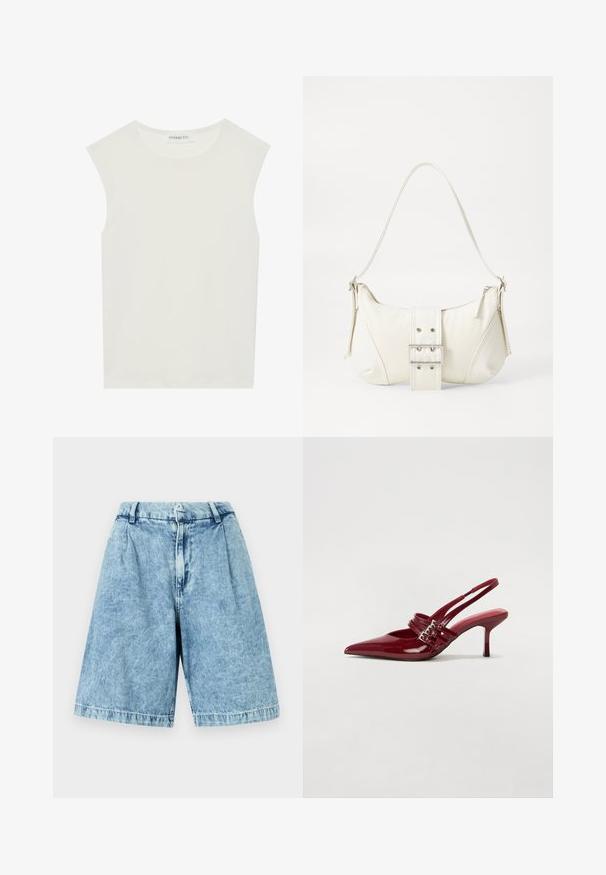 Fehér ujjatlan felső, kerek nyakkivágással. Simább anyagból készült, laza fazonnal és minimalista kialakítással rendelkezik. Nincsenek minták vagy díszítések.; Világoskék farmer rövidnadrág, laza szabással, elülső cipzárral, övhurkokkal, és diszkrét elhalványult textúrával. A szegett szél teljesíti a dizájnt.; Piros lakkbőr slingback sarokcipő, hegyes orral, két csatoló pánttal és vékony, közepes magasságú stiletto sarokkal. Simább textúrájú.; Fehér válltáska texturált felülettel, középen csattogó részlettel és íves formával. Cipzáras záródás mindkét oldalon.