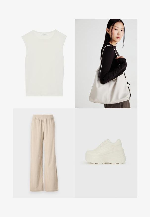 Top blanco sin mangas con escote redondo. Hecho de una tela suave, presenta un corte relajado y un diseño minimalista. Sin patrones ni acentos.; Pantalones de pana anchos en color beige con cinturilla elástica y textura de cordones verticales, con un dobladillo que se ensancha suavemente en la parte inferior.; Zapatillas de plataforma blancas con un upper suave similar al cuero, forma redondeada, cuello acolchado y suela de goma texturizada con surcos definidos.; Bolso de mano beige hecho de material suave, con un diseño holgado, detalles cosidos y dos asas. Adecuado para uso diario.
