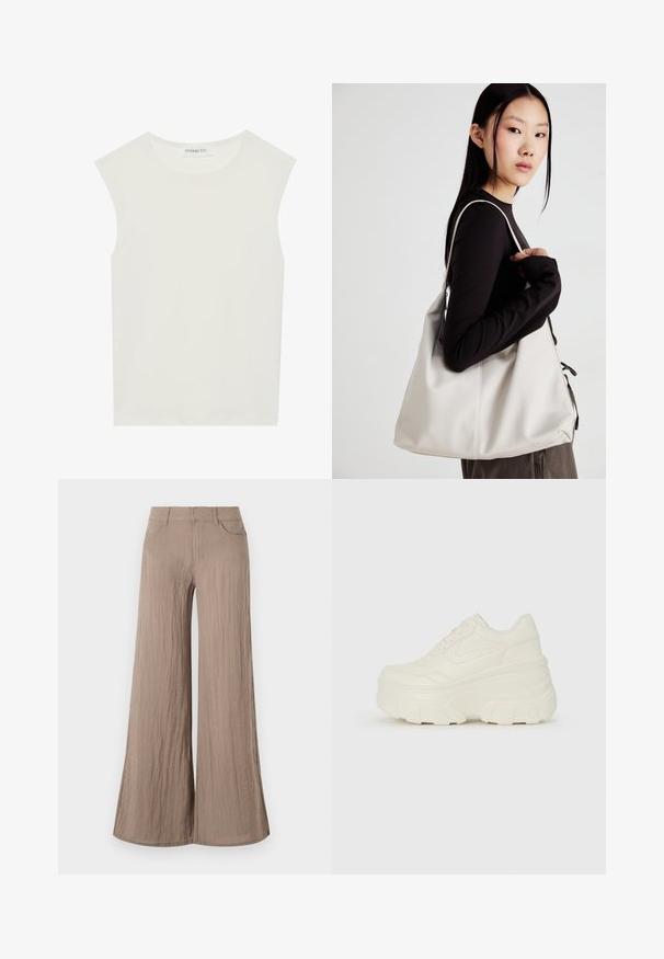 Haut sans manches blanc avec un col rond. Fabriqué en tissu lisse, il présente une coupe décontractée et un design minimaliste. Pas de motifs ni d'accents.; Pantalon large beige clair avec une finition texturée, présentant une taille haute, des poches avant et une silhouette fluide et ample.; Baskets plateformes blanches avec une tige en simili cuir lisse, une forme arrondie, un col rembourré et une semelle en caoutchouc texturé avec des crampons définis.; Sac à main beige en matériau souple, avec un design décontracté, des détails cousus et deux poignées. Idéal pour un usage quotidien.