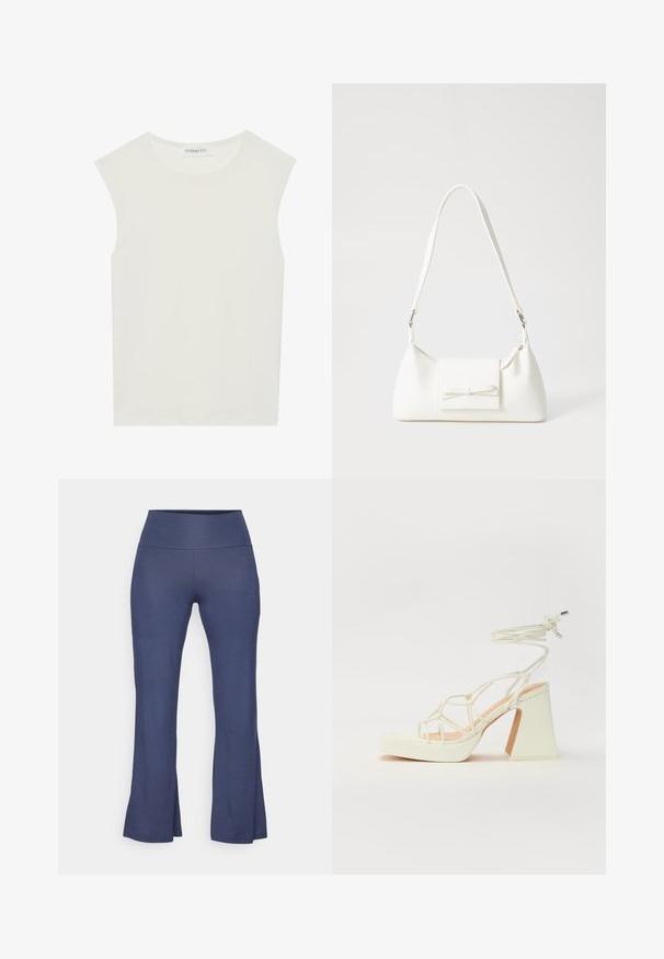 Top blanco sin mangas con escote redondo. Hecho de una tela suave, presenta un corte relajado y un diseño minimalista. Sin patrones ni acentos.; Yogasearcher JAIPUR FLARE PANTS - Pantalones deportivos - navy; Sandalia de tacón alto blanca con un tacón grueso, que presenta un diseño de tiras y un lazo en el tobillo. Textura suave con una plataforma en la parte delantera para mayor altura.; Bolso sintético blanco con forma triangular, tapa frontal plana y detalle de lazo, correa ajustable, textura suave y diseño minimalista.