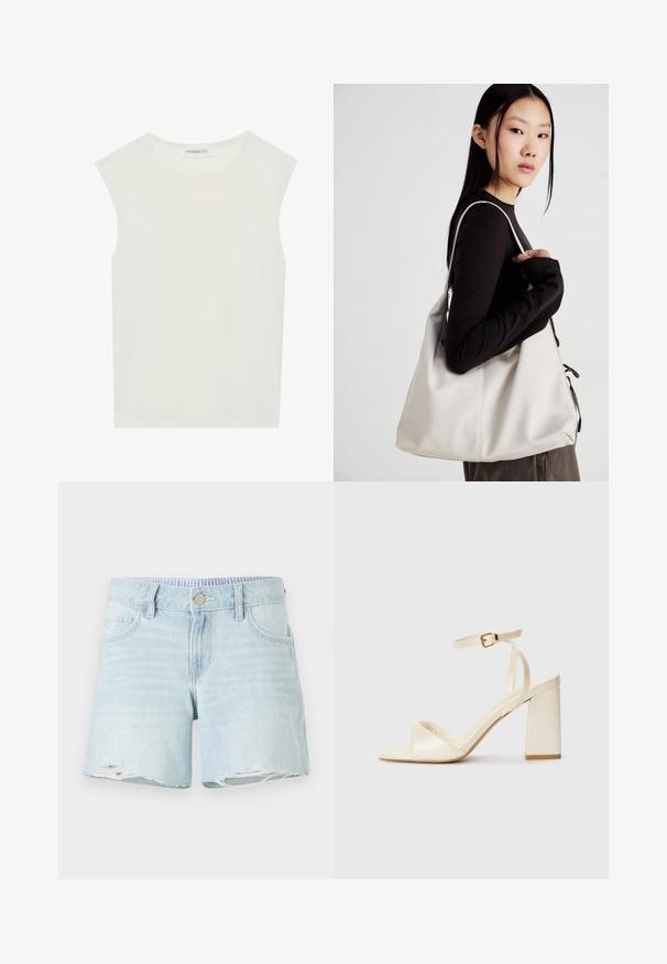 Top branco sem mangas com decote redondo. Feito de um tecido liso, apresenta um corte descontraído e um design minimalista. Sem padrões ou detalhes.; Calções de ganga azul clara com um cós ligeiramente desgastado, design de cinco bolsos e fecho de botão. Textura desbotada subtil por todo o tecido.; Sandálias de salto alto de cor creme, com bico aberto, salto bloco largo, tira fina no tornozelo e um acabamento ligeiramente brilhante. Detalhe de fivela na tira.; Uma bolsa bege feita de material macio, com um design descontraído, detalhes de costura e duas alças para o ombro. Adequada para uso diário.