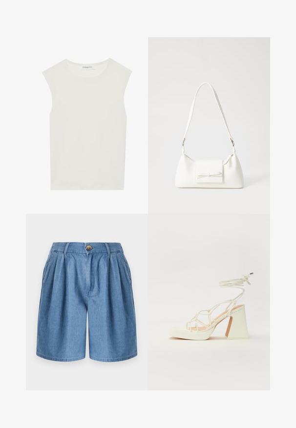 Biely bezrukávový top s okrúhlym výstrihom. Vyrobený z hladkého materiálu, má uvoľnený strih a minimalistický dizajn. Žiadne vzory alebo akcenty.; Modré denimové šortky s voľným strihom, s uzatváraním na gombík, skladaným predným dielom a bočnými vreckami, zakončené rovnomerazzm.; Biele sandále na vysokom opätku s hrubým podpätkom, s pruhovaným dizajnom a viazaním na členku. Hladký povrch s platformou vpredu pre zvýšenú výšku.; Biela syntetická kabelka s trojuholníkovým tvarom, plochým predným klapkou a detailom mašle, nastaviteľným popruhom, hladkou textúrou a minimalistickým dizajnom.