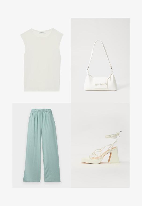 Valkoinen hihaton paita, jossa on pyöreä kaula-aukko. Valmistettu sileästä kankaasta, siinä on rento istuvuus ja minimalistinen muotoilu. Ei kuvioita tai koristeita.; Vaaleanvihreät, leveälahkeiset housut pehmeästä kankaasta, joissa on joustava vyötärö ja hienovarainen rakenne, suunniteltu mukavuuden ja liikkumisen helppouden vuoksi.; Valkoinen korkokenkä, jossa on paksu korko, ja joka sisältää nauhakiinnityksen ja nilkkaketjun. Sujuva pinta, jossa on platform-etupohja lisäkorkeutta varten.; Valkoinen synteettinen käsilaukku, jossa on kolmikulmainen muoto, tasainen etu läppä ja nauhadetail, säädettävä olkahihna, sileä rakenne ja minimalinen muotoilu.