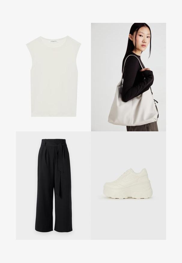Top branco sem mangas com decote redondo. Feito de um tecido liso, apresenta um corte descontraído e um design minimalista. Sem padrões ou detalhes.; Calças largas pretas feitas de tecido leve, com uma cintura atada, pregas e um corte cropped acima do tornozelo.; Tênis brancos de plataforma com um cabedal suave semelhante a couro, formato arredondado, colarinho acolchoado e sola de borracha texturizada com ranhuras bem definidas.; Uma bolsa bege feita de material macio, com um design descontraído, detalhes de costura e duas alças para o ombro. Adequada para uso diário.