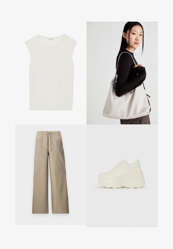 Top blanco sin mangas con escote redondo. Hecho de una tela suave, presenta un corte relajado y un diseño minimalista. Sin patrones ni acentos.; Pantalones de pierna ancha beige con cintura elástica y cordón ajustable, con una textura de tela suave y bolsillos laterales.; Zapatillas de plataforma blancas con un upper suave similar al cuero, forma redondeada, cuello acolchado y suela de goma texturizada con surcos definidos.; Bolso de mano beige hecho de material suave, con un diseño holgado, detalles cosidos y dos asas. Adecuado para uso diario.