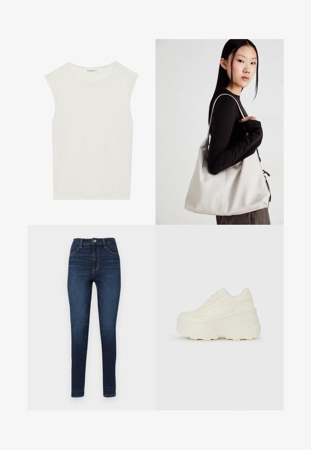 Top branco sem mangas com decote redondo. Feito de um tecido liso, apresenta um corte descontraído e um design minimalista. Sem padrões ou detalhes.; Jeans de cintura alta de cor azul escura com um silhueta ajustada, cinco bolsos e detalhes de costura laranja contrastante ao longo das costuras.; Tênis brancos de plataforma com um cabedal suave semelhante a couro, formato arredondado, colarinho acolchoado e sola de borracha texturizada com ranhuras bem definidas.; Uma bolsa bege feita de material macio, com um design descontraído, detalhes de costura e duas alças para o ombro. Adequada para uso diário.