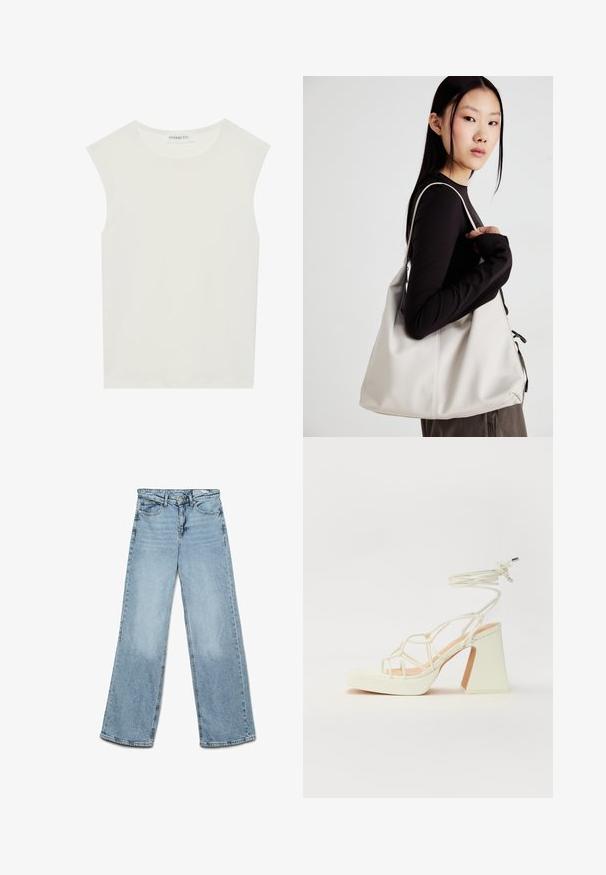 Top branco sem mangas com decote redondo. Feito de um tecido liso, apresenta um corte descontraído e um design minimalista. Sem padrões ou detalhes.; Jeans de perna larga azul claro, feitos de denim, com um design clássico de cinco bolsos e um corte reto com desbotamento mínimo nas pernas.; Sandálias brancas de salto alto com um salto robusto, apresentando um design com tiras e amarração no tornozelo. Textura suave com uma plataforma na frente para altura adicional.; Uma bolsa bege feita de material macio, com um design descontraído, detalhes de costura e duas alças para o ombro. Adequada para uso diário.