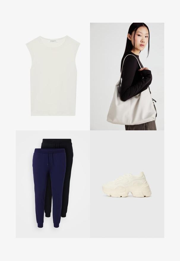 White sleeveless top with a round neckline. Made of smooth fabric, it features a relaxed fit and minimalist design. No patterns or accents.; Even&Odd Curvy 2 PACK - Tracksuit bottoms - black/blue; Chunky white sneakers made of textured mesh and synthetic materials, featuring a thick sole and intricate pattern details along the sides.; Beige handbag made of soft material, featuring a slouchy design, stitched detailing, and two shoulder straps. Suitable for everyday use.