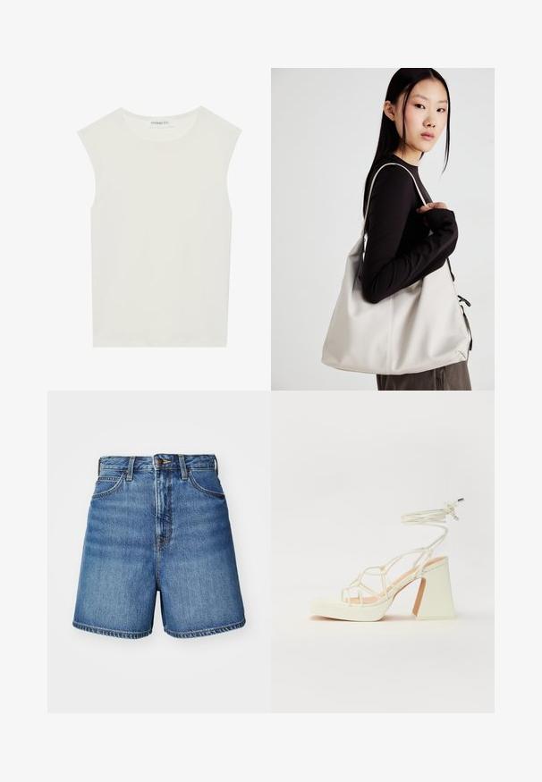 Valge ilma varrukateta topp ümmarguse kaelusega. Valmistatud siledast kangast, sellel on mugav lõige ja minimalistlik disain. Ei ole mustreid ega aksessuaare.; Heledad sinised teksapüksid klassikalise lõikega, millel on esipockets, lukuga kinni minek ja äärtes õmblused.; Valged kõrge kontsaga sandaalid, millel on paks konts ja rihmadega disain koos pahkluu sidumisega. Sile tekstuur ja platvorm ees, et lisada kõrgust.; Bež käekott pehme materjali, millel on lõtv disain, õmblustega detailid ja kaks õlarihma. Sobib igapäevaseks kasutamiseks.