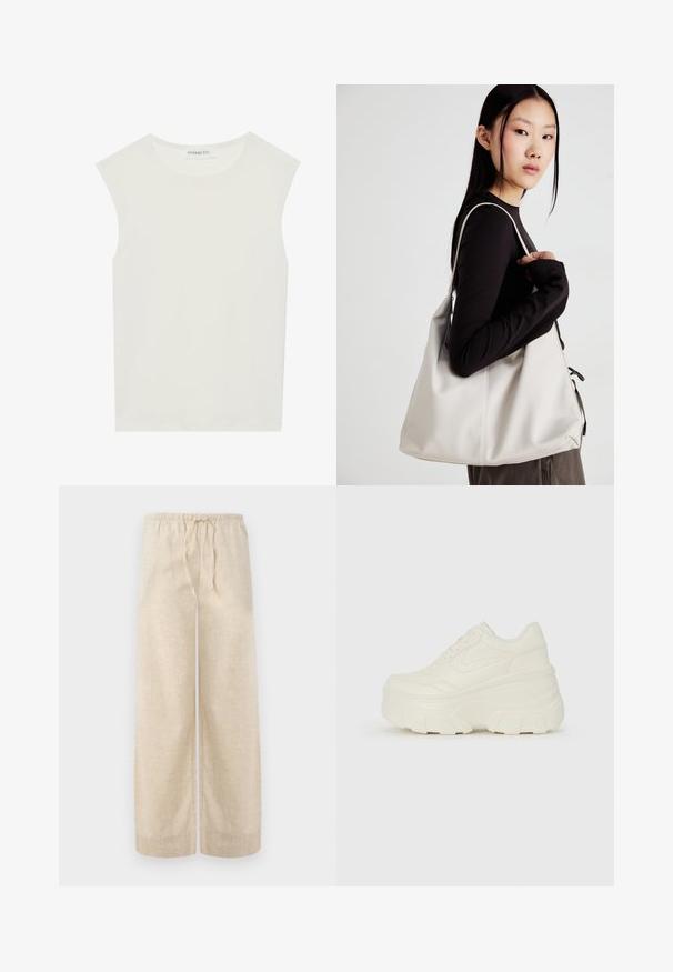 Bela brezrokavnica s okroglim izrezom. Narejena iz gladkega materiala, ima sproščen kroj in minimalističen dizajn. Brez vzorcev ali okrasnih elementov.; Bež lanene hlače širokega kroja z elastičnim pasom in vrvico. Tkanina ima teksturiran konec, kar daje lahkoten in zračen videz.; Bele platformske tene z belim zgornjim delom, ki spominja na usnje, okroglo obliko, oblazinjen ovratnik ter gumo z teksturo na podplatu z izrazitimi profili.; Bežna torbica iz mehkega materiala, z ohlapno zasnovo, šivi in dvema naramnicama. Primerna za vsakodnevno uporabo.
