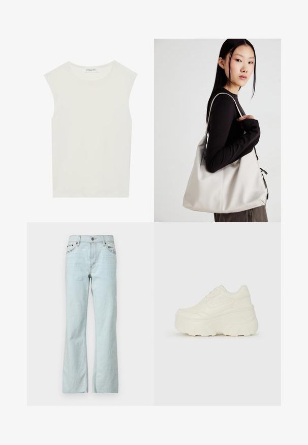 Fehér ujjatlan felső, kerek nyakkivágással. Simább anyagból készült, laza fazonnal és minimalista kialakítással rendelkezik. Nincsenek minták vagy díszítések.; Világoskék farmernadrág, enyhén bővülő szabással, gombos záródással, öt zsebes kialakítással és finom elhalványulással az anyagon. Tiszta, minimalista varrási díszítések.; Fehér platform sportcipők, sima bőrszerű felsőrésszel, kerek formával, párnázott bokával és texturált gumitalppal, jól definiált mintázattal.; Puha anyagból készült bézs kézitáska, laza dizájnnal, varrott részletekkel és két vállpánttal. Mindennapi használatra alkalmas.