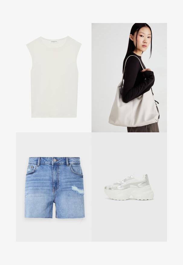 Hvit ermeløs topp med rund hals. Laget av glatt stoff, har den en avslappet passform og minimalistisk design. Ingen mønstre eller detaljer.; Lys blå denimshorts med slitt finish. Har fem lommer, frontlukking med knapp, og rett snitt med frynsete kant.; Sølv sneakers med en teksturert mesh-overdel og iriserende aksenter, med en kraftig hvit såle og snørelukking.; Beige håndveske laget av mykt materiale, med en slapp design, sydd detaljer og to skulderstropper. Passer for daglig bruk.