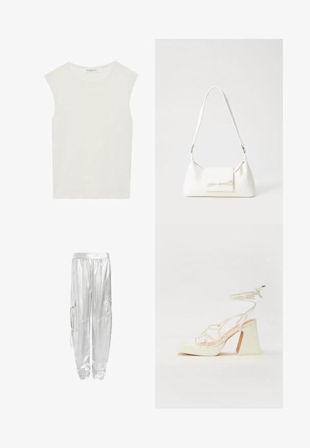 Bela brezrokavnica s okroglim izrezom. Narejena iz gladkega materiala, ima sproščen kroj in minimalističen dizajn. Brez vzorcev ali okrasnih elementov.; Srebrne cargo hlače z bleščečo, kovinsko površino. Oblikovane z elastičnim pasom in dvema stranskima žepoma za funkcionalnost.; Bela sandala na visokih petah s debelim petam, ki ima obliko trakcev in vezanje okoli gležnja. Gladka tekstura z platformo spredaj za dodatno višino.; Bela sintetična torbica v obliki trikotnika, z ravnim sprednjim poklopcem in detajlom mašne, nastavljivim trakom, gladko teksturo in minimalističnim dizajnom.