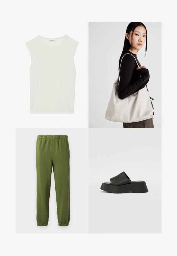 Top alb fără mâneci, cu decolteu rotund. Fabricat dintr-un material neted, prezintă o croială lejeră și un design minimalist. Fără modele sau accente.; Pantaloni de trening verzi dintr-un material moale. Talie elastică și manșete elastice. Design pe picior drept, fără modele sau accesorii vizibile.; Sandale negre cu platformă, având o curea lată și un talpă masivă. Fabricate dintr-un material neted cu un finisaj mat și fără hardware vizibil.; Geantă bej din material moale, cu un design lejer, detalii cusute și două bretele pentru umăr. Potrivită pentru utilizarea zilnică.