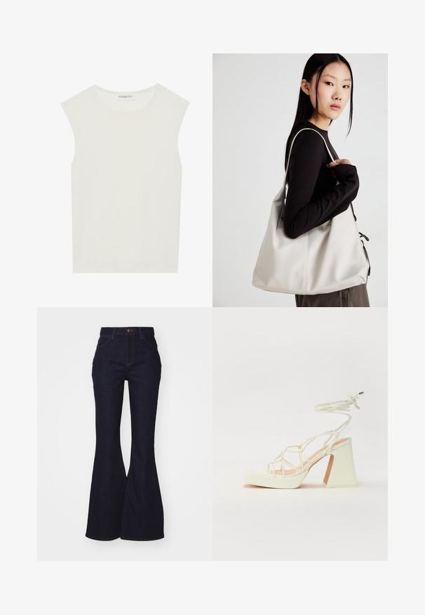 Valkoinen hihaton paita, jossa on pyöreä kaula-aukko. Valmistettu sileästä kankaasta, siinä on rento istuvuus ja minimalistinen muotoilu. Ei kuvioita tai koristeita.; Tummansiniset leveälahkeiset farkut, valmistettu denimistä. Korkea vyötärö ja nappikiinnitys, näkyvät ompeleet ja sileä pinta.; Valkoinen korkokenkä, jossa on paksu korko, ja joka sisältää nauhakiinnityksen ja nilkkaketjun. Sujuva pinta, jossa on platform-etupohja lisäkorkeutta varten.; Beige laukku, joka on valmistettu pehmeästä materiaalista, ja siinä on rento muotoilu, ommeltu yksityiskohtia ja kaksi olkahihnaa. Sopii päivittäiseen käyttöön.