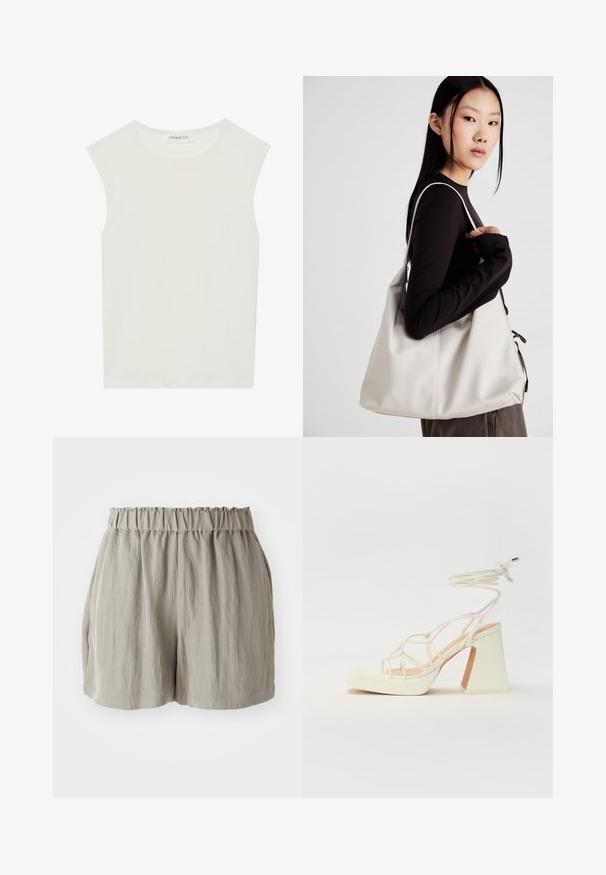 Balta be rankovių palaidinė su apvaliu kaklu. Pagaminta iš lygios medžiagos, ji turi laisvą siluetą ir minimalistinį dizainą. Be raštų ar akcentų.; Šviesiai pilki šortai su elastinga juosta, pasižymintys tekstūruotu audiniu ir laisvu siluetu, kuris siekia vidurinę šlaunų ilgį.; Balti aukštakulniai sandalai su masyviu kulnu, su dirželių dizainu ir kulkšnies raiščiu. Lygi tekstūra su platforma priekyje, suteikianti papildomą aukštį.; Bežinė rankinė, pagaminta iš minkštos medžiagos, turinti laisvą dizainą, siuvinėtas detalės ir dvi petnešos. Tinkama kasdieniam naudojimui.