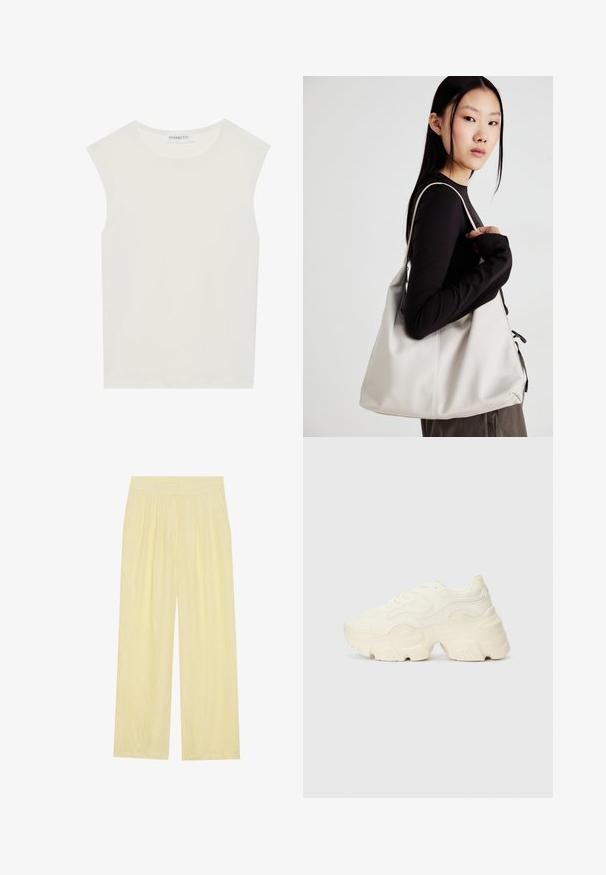 Weißes ärmelloses Top mit rundem Ausschnitt. Hergestellt aus glattem Stoff, hat es einen lässigen Schnitt und minimalistisches Design. Keine Muster oder Akzente.; Helle gelbe weite Hose aus strukturiertem Stoff, mit einem plissierten Vorderteil und einem hohen elastischen Bund.; Flockige weiße Sneaker aus strukturiertem Mesh und synthetischen Materialien, mit einer dicken Sohle und komplizierten Mustern entlang der Seiten.; Beige Handtasche aus weichem Material, mit einem lässigen Design, gesteppten Details und zwei Schulterriemen. Geeignet für den täglichen Gebrauch.