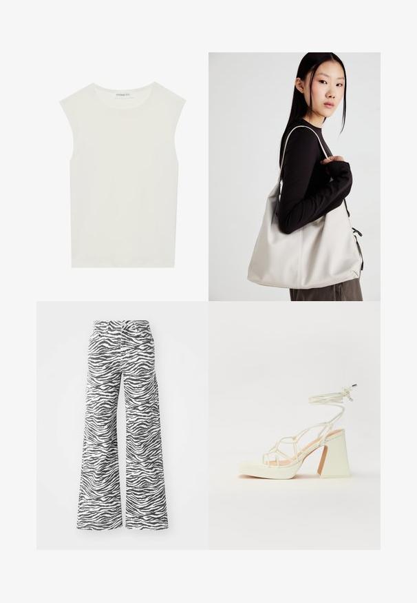 Hvit ermeløs topp med rund hals. Laget av glatt stoff, har den en avslappet passform og minimalistisk design. Ingen mønstre eller detaljer.; Bredde benbukser laget av bomullsblanding, med et svart og hvitt zebra-stripemønster, med frontlommer og klassisk knappelukking.; Hvit høyhælte sandal med kraftig hæl, med en stroppe-design og ankelbånd. Glatt tekstur med plattform foran for ekstra høyde.; Beige håndveske laget av mykt materiale, med en slapp design, sydd detaljer og to skulderstropper. Passer for daglig bruk.