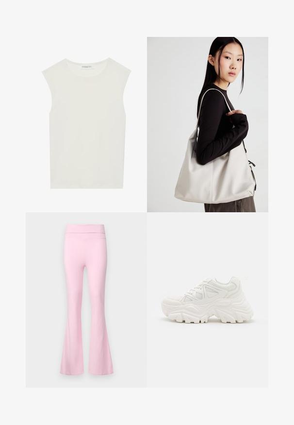 White sleeveless top with a round neckline. Made of smooth fabric, it features a relaxed fit and minimalist design. No patterns or accents.; Gina Tricot SOFT TOUCH FOLDED TROUSERS - Trousers - pink lady; White chunky sneakers featuring a textured upper, mesh panels, and thick rubber soles with prominent tread pattern. Laces and pull tab included.; Beige handbag made of soft material, featuring a slouchy design, stitched detailing, and two shoulder straps. Suitable for everyday use.