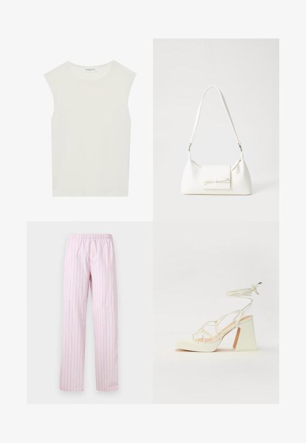 Weißes ärmelloses Top mit rundem Ausschnitt. Hergestellt aus glattem Stoff, hat es einen lässigen Schnitt und minimalistisches Design. Keine Muster oder Akzente.; Hellrosa Hosen mit vertikalen blauen Streifen, aus einem glatten Stoff, mit elastischem Bund und weit geschnittenem Design.; Weiße High-Heel-Sandale mit einem klobigen Absatz, die über ein Riemchendesign und ein Knöchelband verfügt. Glatte Textur mit einer Plattform vorne für zusätzliche Höhe.; Weiße synthetische Handtasche in dreieckiger Form, flache Vorderklappe und Schleifendetail, verstellbarer Trageriemen, glatte Textur und minimalistisches Design.
