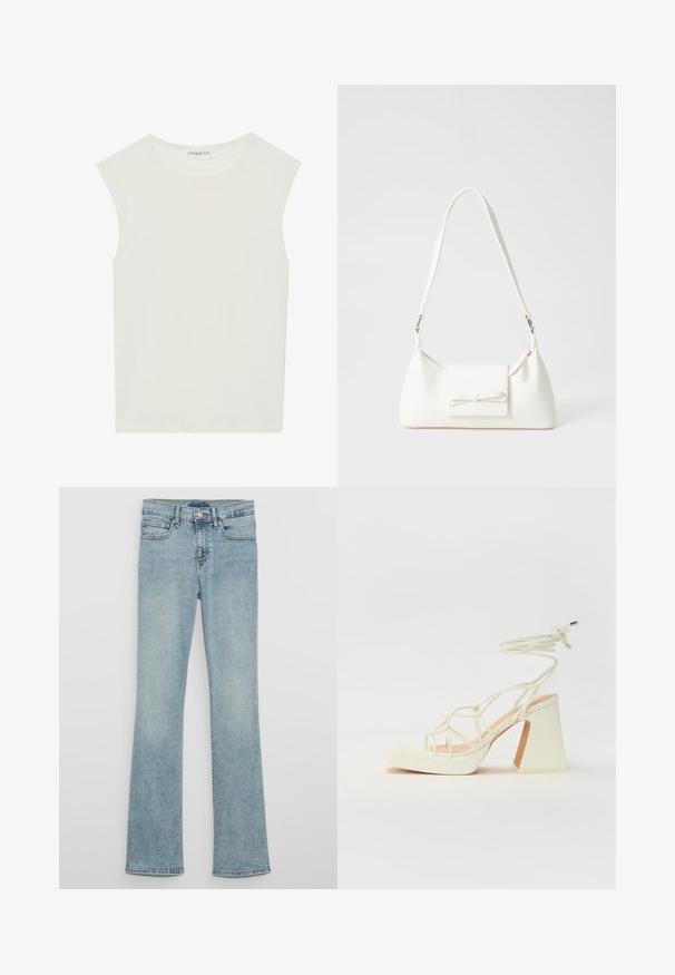 Balts bez piedurknēm tops ar apaļu kakla izgriezumu. Izgatavots no gludas auduma, tam ir brīvs piegriezums un minimālistisks dizains. Nav nekādas rakstainības vai akcentu.; Gaisā zilas džinsa bikses ar izplatītām kājām un augstu vidukli, ar jostas cilpām, priekšējiem kabatām un izbalinātu mazgājuma faktūru.; Baltas augstpapēžu sandales ar masīvu papēdi, ar siksnu dizainu un potītes saistītiem elementiem. Gluda tekstūra ar platformu priekšpusē, lai nodrošinātu papildu augstumu.; Balta sintētiska soma ar trīsstūrveida formu, plakanu priekšējo vāciņu un loku detaļu, regulējamu siksnu, gludu tekstūru un minimālistisku dizainu.