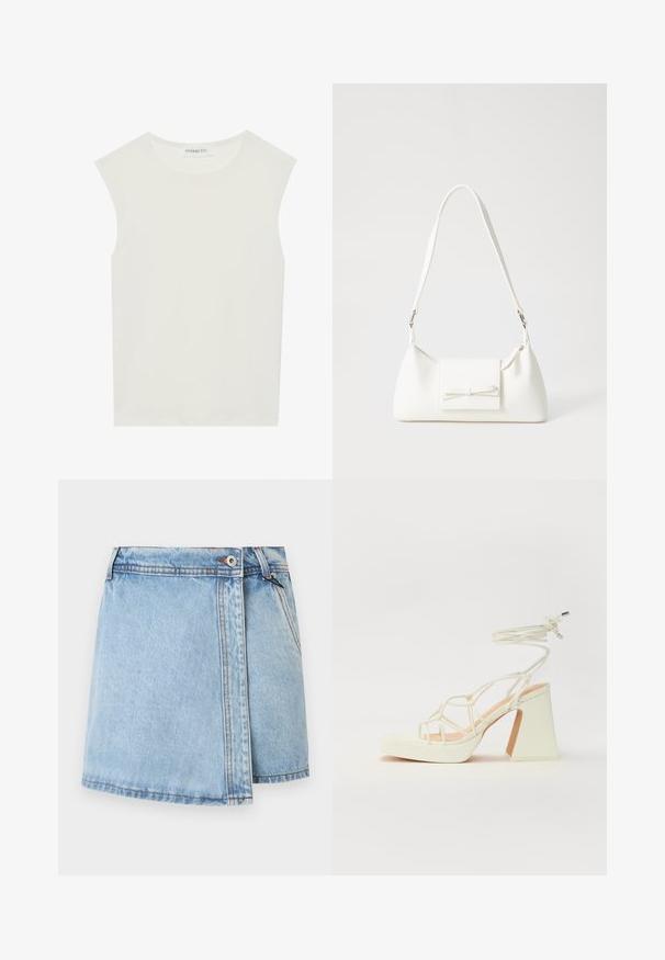 Biely bezrukávový top s okrúhlym výstrihom. Vyrobený z hladkého materiálu, má uvoľnený strih a minimalistický dizajn. Žiadne vzory alebo akcenty.; Svetlomodrá džínsová sukňa s rovnými švami, predným zapínaním na gombíky a kontrastným prešívaním pozdĺž švov. Viditeľné vrecká nie sú.; Biele sandále na vysokom opätku s hrubým podpätkom, s pruhovaným dizajnom a viazaním na členku. Hladký povrch s platformou vpredu pre zvýšenú výšku.; Biela syntetická kabelka s trojuholníkovým tvarom, plochým predným klapkou a detailom mašle, nastaviteľným popruhom, hladkou textúrou a minimalistickým dizajnom.
