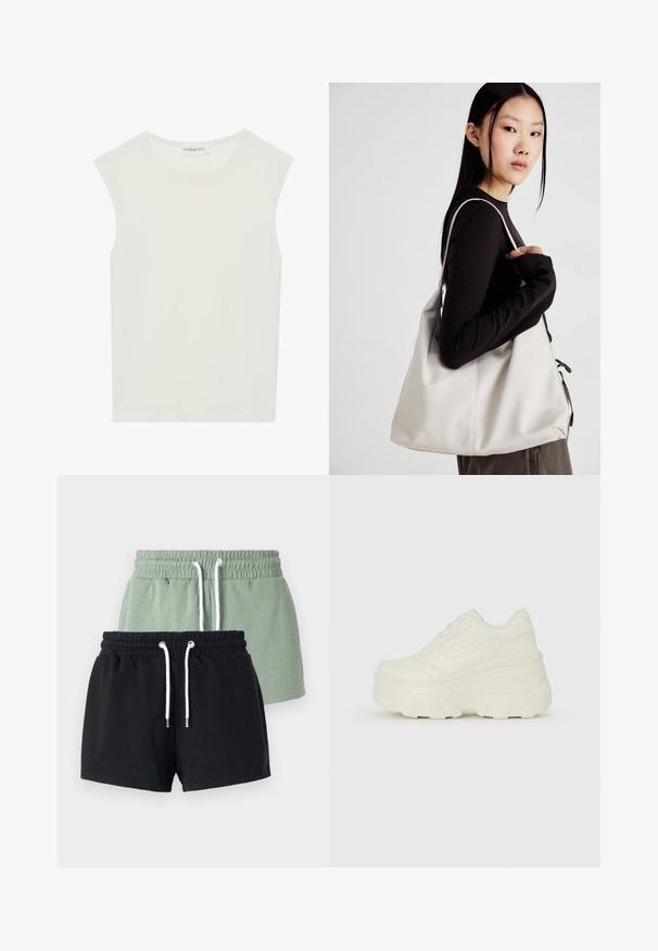 Witte mouwloze top met een ronde halslijn. Gemaakt van gladde stof, het heeft een losse pasvorm en een minimalistisch ontwerp. Geen patronen of accenten.; Twee paar shorts: één lichtgroen en één zwart. Beide hebben een elastische tailleband, een koord en zijn gemaakt van zachte katoenstof.; Witte platform sneakers met een gladde leren bovenkant, afgeronde vorm, gewatteerde kraag en een gestructureerde rubberen zool met duidelijke profiel.; Beige handtas gemaakt van zacht materiaal, met een slonzig ontwerp, gestikte details en twee schouderbanden. Geschikt voor dagelijks gebruik.