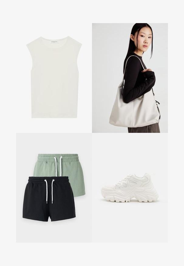 Fehér ujjatlan felső, kerek nyakkivágással. Simább anyagból készült, laza fazonnal és minimalista kialakítással rendelkezik. Nincsenek minták vagy díszítések.; Két rövidnadrág: az egyik világoszöld, a másik fekete. Mindkettő elasztikus derekú, zsinórral állítható, és puha pamutanyagból készült.; Fehér, vastag talpú sportcipők, textúrált felsőrésszel, hálós panelek árnyékolásával és vastag, kiemelkedő mintázatú gumitalppal. Zsinórok és húzófül tartozik hozzá.; Puha anyagból készült bézs kézitáska, laza dizájnnal, varrott részletekkel és két vállpánttal. Mindennapi használatra alkalmas.