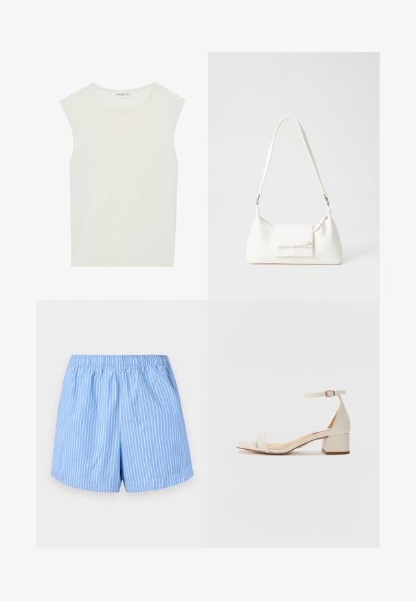 Witte mouwloze top met een ronde halslijn. Gemaakt van gladde stof, het heeft een losse pasvorm en een minimalistisch ontwerp. Geen patronen of accenten.; Lichtblauwe shorts met witte verticale strepen, elastische tailleband, mid-thigh lengte en een zachte katoenen textuur.; Beige blokhak sandaal met een vierkante neus. Voorzien van een slanke enkelband met een gesp, een gladde leer-achtige textuur en een gematigde hakhoogte.; Witte synthetische handtas met een driehoekige vorm, platte voorklep en strikdetail, verstelbare schouderriem, gladde textuur en minimalistisch ontwerp.
