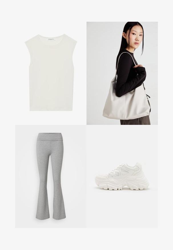 Fehér ujjatlan felső, kerek nyakkivágással. Simább anyagból készült, laza fazonnal és minimalista kialakítással rendelkezik. Nincsenek minták vagy díszítések.; Szürke harangszárú leggings, puha pamutkeverék anyagból. Széles derékszíjjal és sima textúrával rendelkezik, amely kényelmes illeszkedést biztosít.; Fehér, vastag talpú sportcipők, textúrált felsőrésszel, hálós panelek árnyékolásával és vastag, kiemelkedő mintázatú gumitalppal. Zsinórok és húzófül tartozik hozzá.; Puha anyagból készült bézs kézitáska, laza dizájnnal, varrott részletekkel és két vállpánttal. Mindennapi használatra alkalmas.
