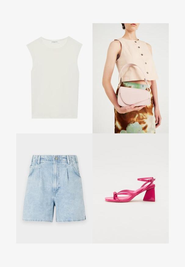 White sleeveless top with a round neckline. Made of smooth fabric, it features a relaxed fit and minimalist design. No patterns or accents.; Light blue denim shorts with a high waist, featuring front pleats, two side pockets, and a button closure. Soft, textured fabric.; Pink patent leather heeled sandals with a square toe, narrow straps, and a geometric block heel. Features a buckle detail on the strap.; Pink leather handbag with a curved flap, single shoulder strap, and clean lines. The bag exhibits a smooth texture and minimalistic design.