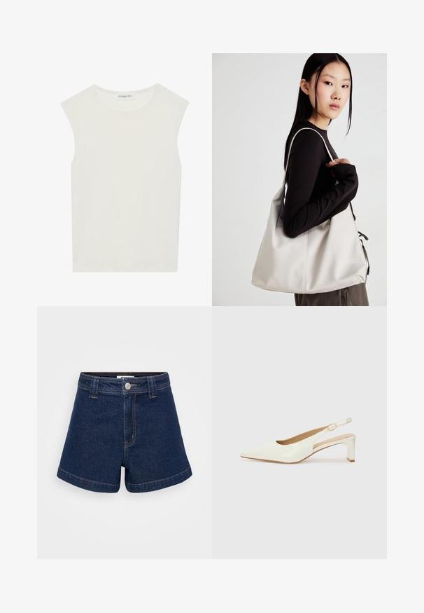 Valkoinen hihaton paita, jossa on pyöreä kaula-aukko. Valmistettu sileästä kankaasta, siinä on rento istuvuus ja minimalistinen muotoilu. Ei kuvioita tai koristeita.; Tummansiniset farkkushortsit suoran leikkauksen omaavina, joissa on napillinen etukiinnitys, vyölenkit ja käänteet. Ei näkyviä kuvioita tai koristeita.; Valkoinen patenttilahja slingback-kengä, jossa on terävä kärki ja matala lohkokorko. Varustettu huomaamattomalla hihnalla, jossa on kultasävyinen solkiyksityiskohta.; Beige laukku, joka on valmistettu pehmeästä materiaalista, ja siinä on rento muotoilu, ommeltu yksityiskohtia ja kaksi olkahihnaa. Sopii päivittäiseen käyttöön.
