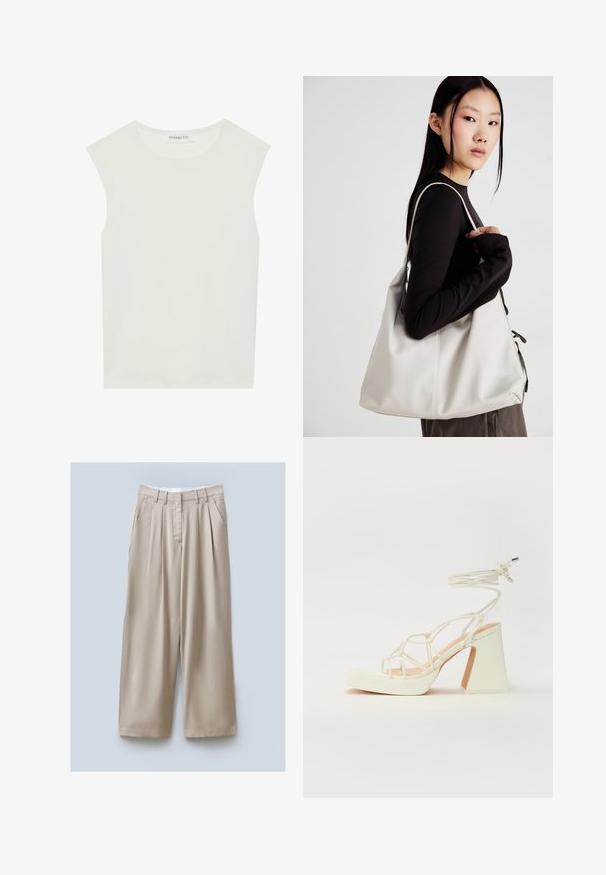 Top blanco sin mangas con escote redondo. Hecho de una tela suave, presenta un corte relajado y un diseño minimalista. Sin patrones ni acentos.; Pantalones de pierna ancha beige con un acabado texturizado, que cuentan con dos bolsillos laterales, pliegues frontales y una cinturilla para un ajuste seguro.; Sandalia de tacón alto blanca con un tacón grueso, que presenta un diseño de tiras y un lazo en el tobillo. Textura suave con una plataforma en la parte delantera para mayor altura.; Bolso de mano beige hecho de material suave, con un diseño holgado, detalles cosidos y dos asas. Adecuado para uso diario.