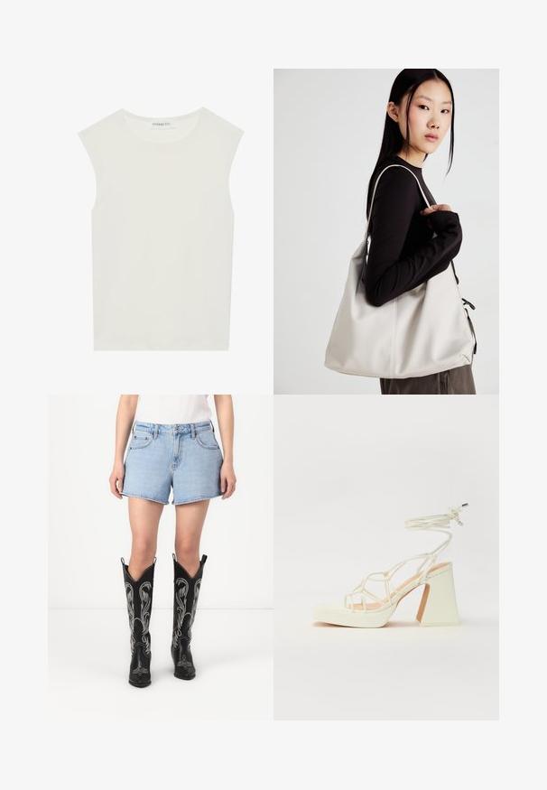 Hvid ærmeløs top med rund halsudskæring. Lavet af glat stof, har den en afslappet pasform og minimalistisk design. Ingen mønstre eller accenter.; Blå denimshorts med en klassisk pasform, parret med sorte læder cowboy støvler med hvide broderede mønstre og spidse tæer.; Hvide højhælede sandaler med en kraftig hæl, der har et stropdesign og ankelbinding. Glat tekstur med en platform foran for ekstra højde.; Beige håndtaske lavet af blødt materiale med et slouchy design, stikninger og to skulderremme. Velegnet til daglig brug.