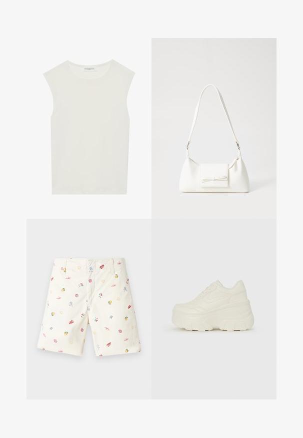 Top alb fără mâneci, cu decolteu rotund. Fabricat dintr-un material neted, prezintă o croială lejeră și un design minimalist. Fără modele sau accente.; Pantaloni scurți din bumbac crem cu modele colorate diverse imprimate, inclusiv fructe, scoici și motive solare; design clasic cu fața plată.; Adidași platformă albi, cu un superior neted asemănător cu pielea, formă rotunjită, guler căptușit și talpă din cauciuc texturată cu borduri bine definite.; Geantă sintetică albă, cu formă triangulară, capac frontal plat și detaliu cu fundă, curea ajustabilă, textură netedă și design minimalist.