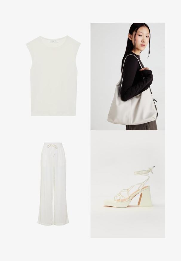 Bijela majica bez rukava s okruglim izrezom. Izrađena je od glatkog materijala, nudi opušteni kroj i minimalistički dizajn. Bez uzoraka ili ukrasa.; Bijele široke hlače od lagane tkanine, s elastičnim pojasom i vezicom, te dva bočna džepa.; Bijela sandala na visokoj potpetici s debelim petom, s remenom i vezanjem oko gležnja. Glatka tekstura s platformom sprijeda za dodatnu visinu.; Bežna torba od mekog materijala s opuštenim dizajnom, šivanim detaljima i dva remena za rame. Pogodna za svakodnevnu upotrebu.