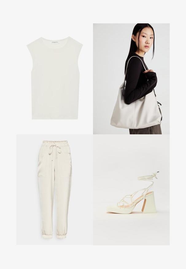 Weißes ärmelloses Top mit rundem Ausschnitt. Hergestellt aus glattem Stoff, hat es einen lässigen Schnitt und minimalistisches Design. Keine Muster oder Akzente.; Helle beige Jogginghosen aus weichem Material mit einem elastischen Bund, Kordelzug und zwei Seitentaschen. Mit Bündchen an den Knöcheln.; Weiße High-Heel-Sandale mit einem klobigen Absatz, die über ein Riemchendesign und ein Knöchelband verfügt. Glatte Textur mit einer Plattform vorne für zusätzliche Höhe.; Beige Handtasche aus weichem Material, mit einem lässigen Design, gesteppten Details und zwei Schulterriemen. Geeignet für den täglichen Gebrauch.